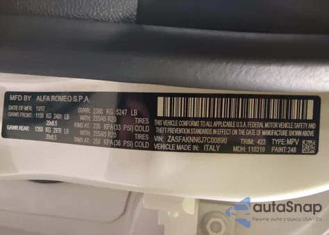 2018 Alfa Romeo Stelvio Ti Sport Awd z USA, uszkodzony, nr VIN ZASFAKNN6J7C00890